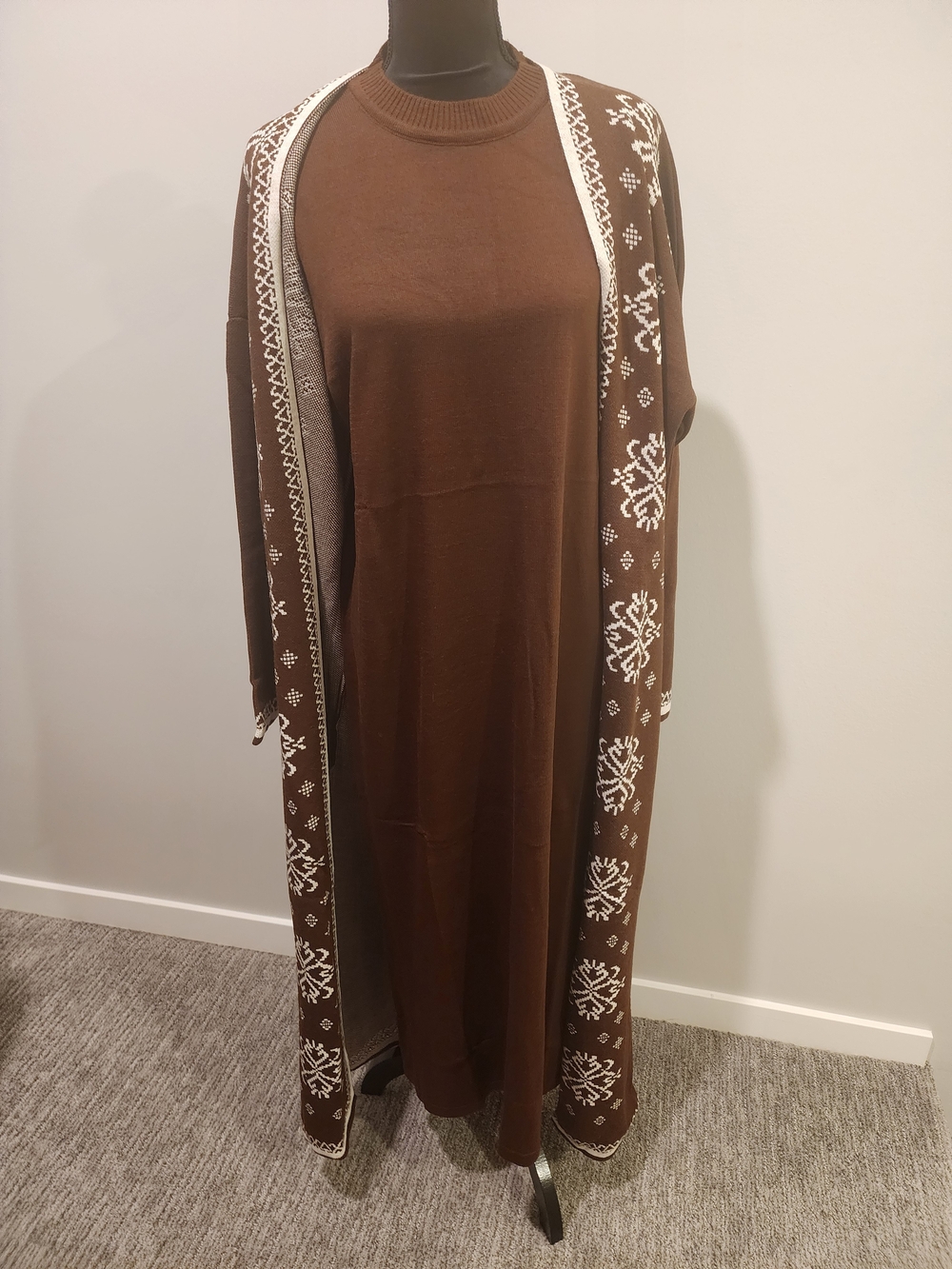 Brown Long Knit Sweater Dress with Patterned Open Cardigan